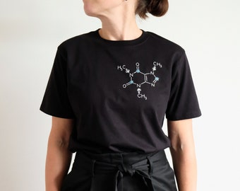 Hand embroidered caffeine molecule shirt