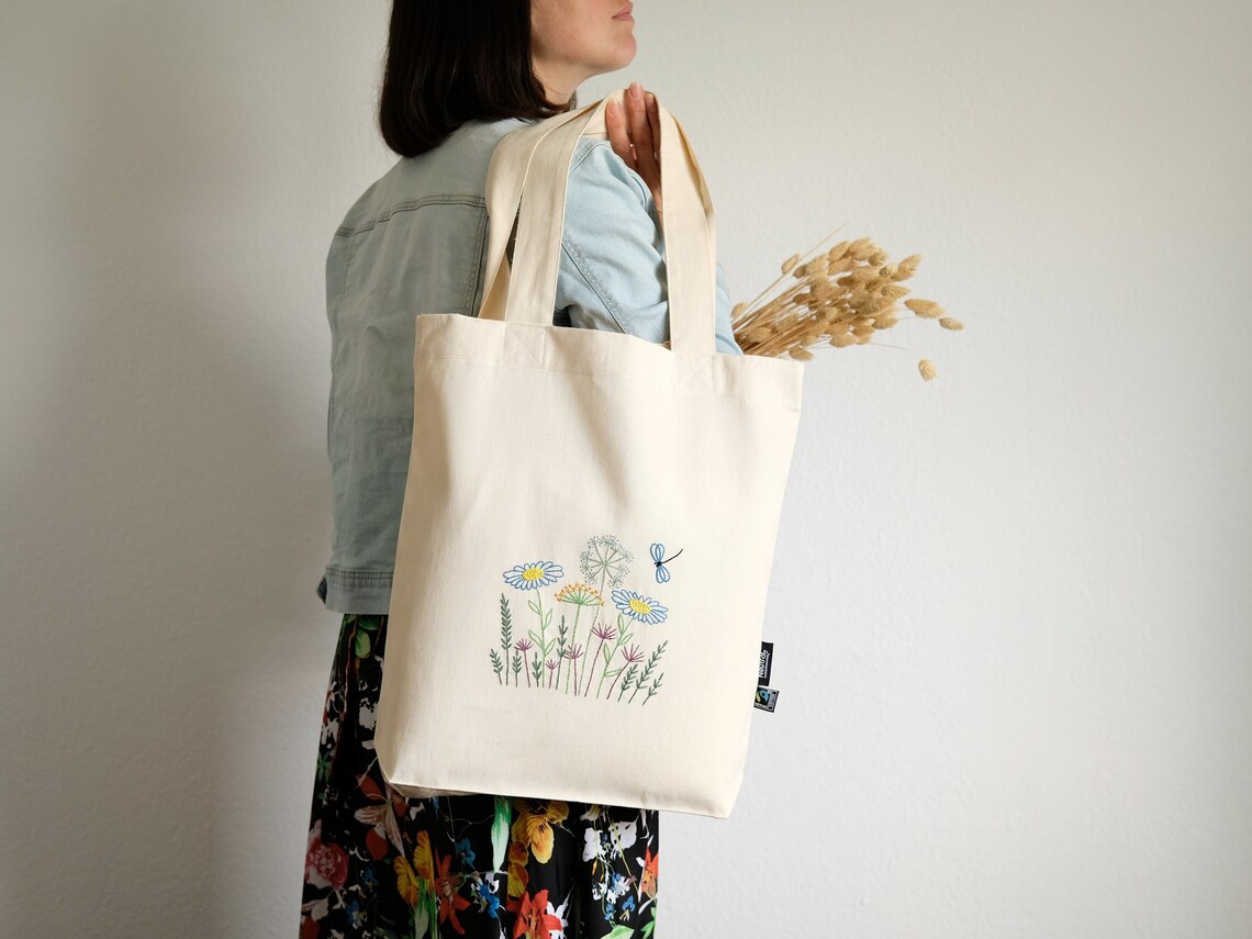 Hand Embroidered Canvas Tote Bag Flower Meadow Eco Friendly Etsy