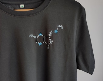 Hand Embroidered Serotonin Molecule T-Shirt: Organic Cotton Science Gift