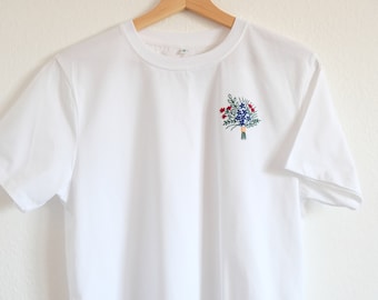 Hand embroidered t-shirt flower bouquet, floral tee shirt