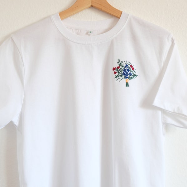 Hand embroidered t-shirt flower bouquet, floral tee shirt