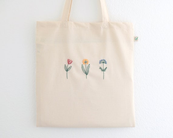 Embroidered Wildflower Tote Bag, Floral Cotton Shopper Bag 