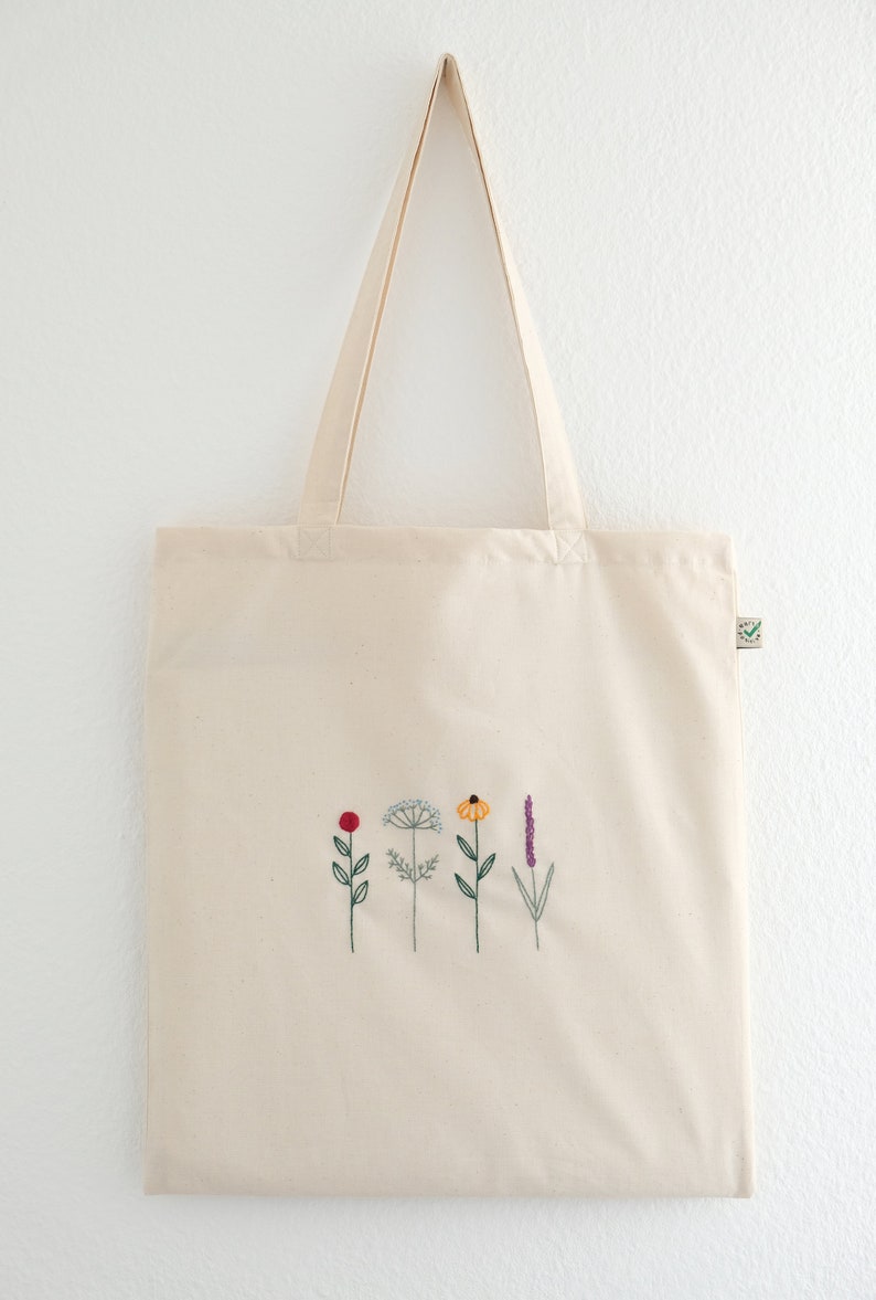 Hand embroidered flower tote bag, eco friendly tote bag for shopping image 3