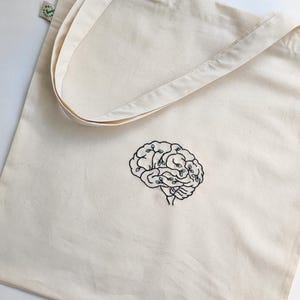 Könnte beinhalten: Eine weiße Canvas-Tragetasche mit einem schwarzen gestickten Bild eines Gehirns. Das Gehirn ist mit kleinen Linien und Kreisen verziert.