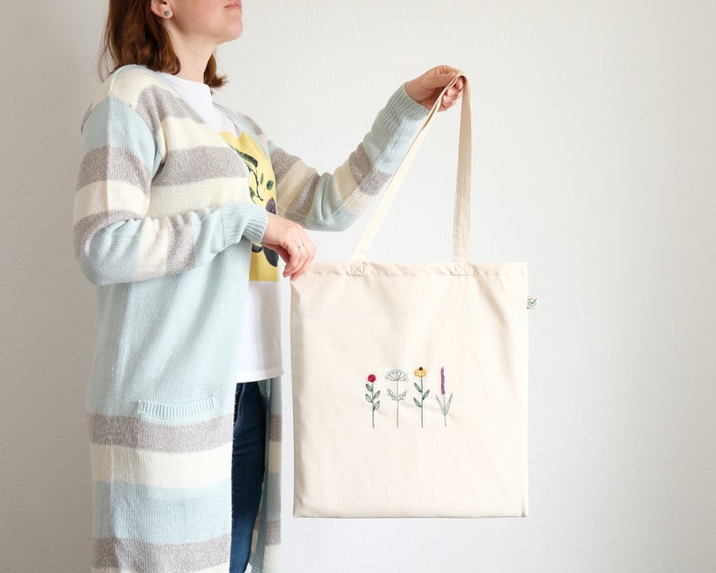 Hand embroidered flower tote bag, eco friendly tote bag for shopping image 8