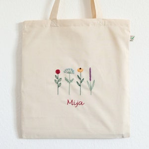 Hand embroidered flower tote bag, eco friendly tote bag for shopping Flowers and name