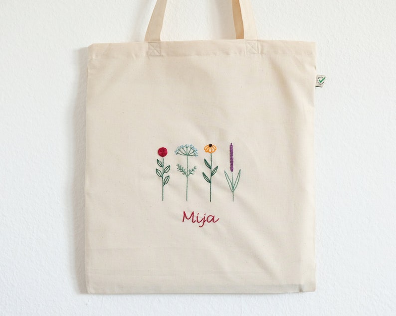 Hand embroidered flower tote bag, eco friendly tote bag for shopping Flowers and name