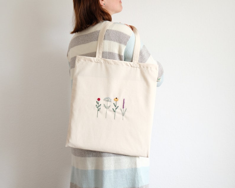 Hand embroidered flower tote bag, eco friendly tote bag for shopping image 7