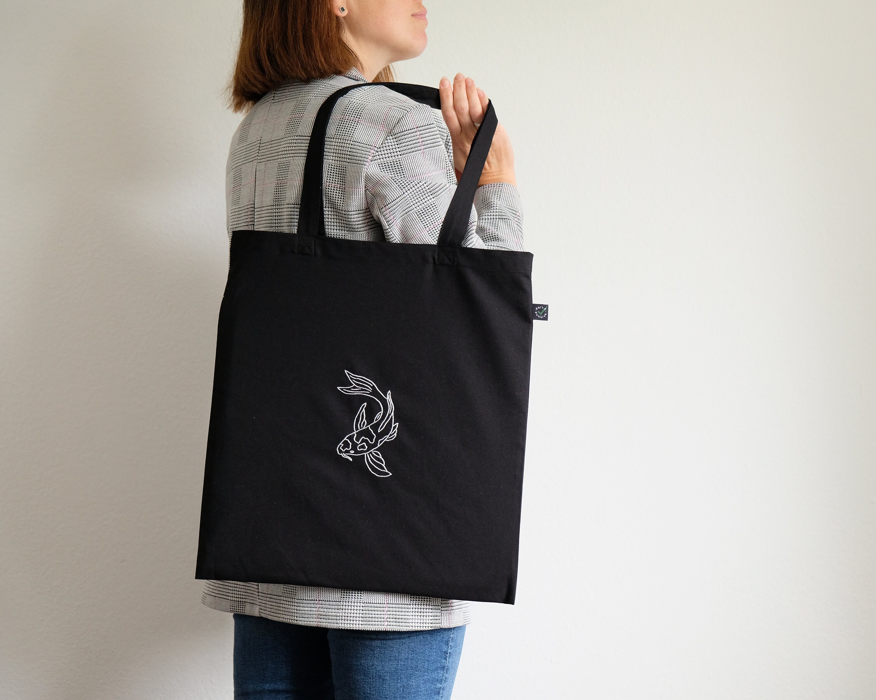 Black Tote Bag With Hand Embroidery Koi Fish Aesthetic Eco | Etsy