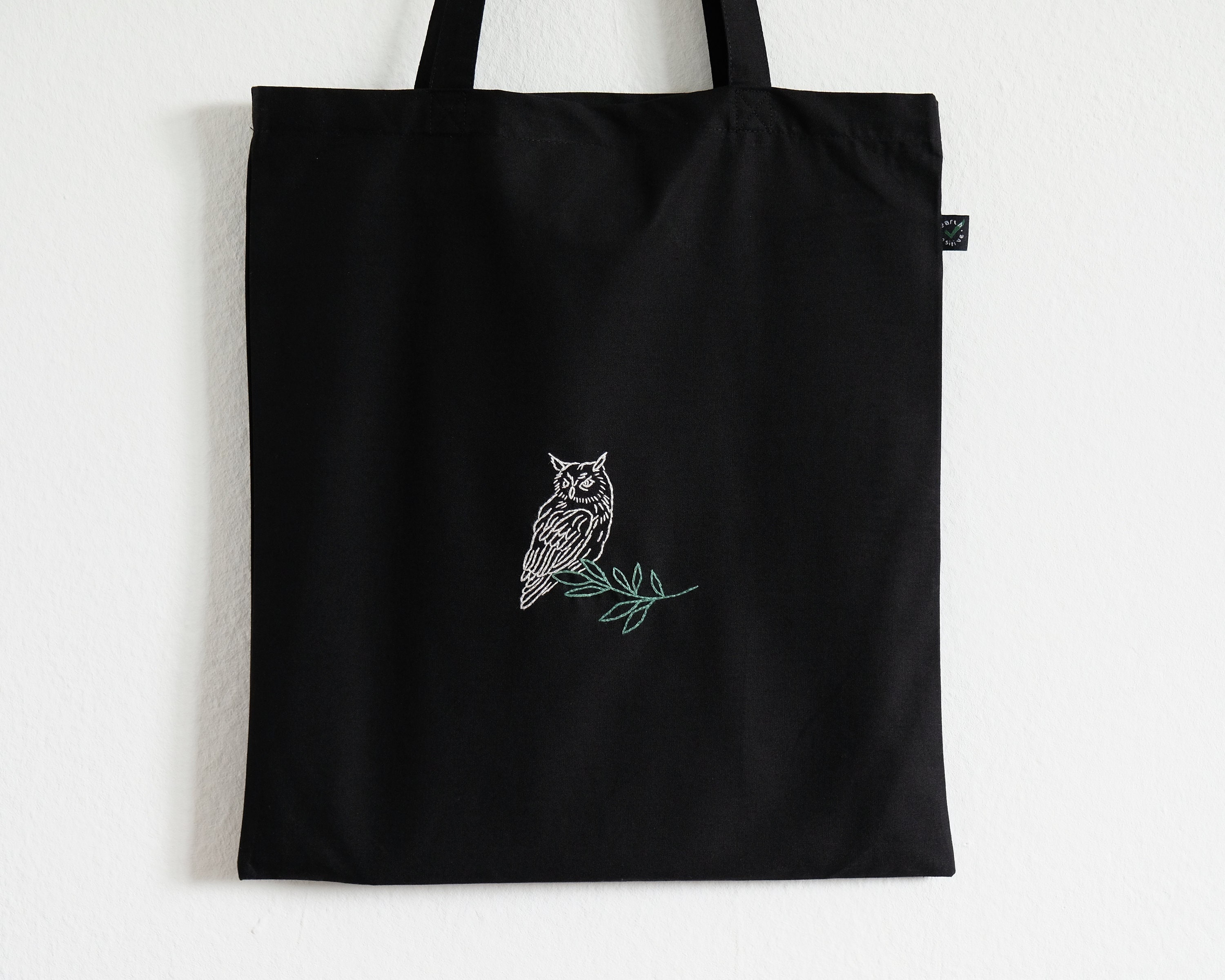 Hand Embroidered Owl Tote Bag - Eco-Friendly Black or Natural Shopper - Sustainable Gift