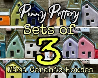 Sets of 3 Miniature Ceramic Houses. Beautiful Rainbow Colour Selections of Cute Mini Pottery Homes . Unique and Handmade by Penny