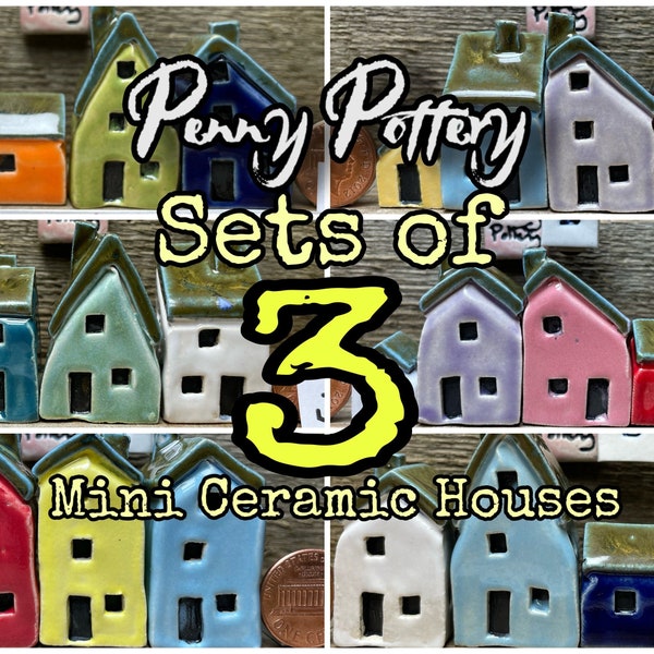 Lots de 3 maisons miniatures en céramique. Belles sélections de couleurs arc-en-ciel de mini-maisons de poterie mignonnes. Unique et fait main par Penny