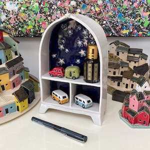 Pottery Shrine or Altar. Dark Blue Night Sky Embossed with Stars. Handmade & Unique Handmade Ceramic Artwork by Penny Howarth.