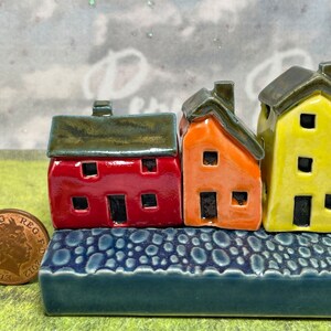 Miniature Ceramic Rainbow Row 4 House Cobblestone Street. Designer Artwork by Penny Howarth. Limited Edition Collectable Pottery Homes image 2