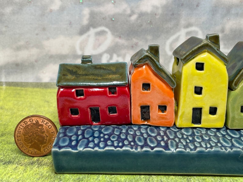 Miniature Ceramic Rainbow Row 4 House Cobblestone Street. Designer Artwork by Penny Howarth. Limited Edition Collectable Pottery Homes image 2