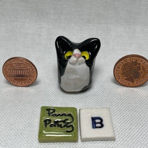 Miniature Ceramic Black & White Cats. Cute furry characters sold individually. Handmade by collected UK artist Penny Howarth B