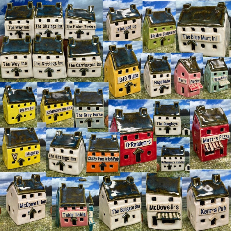 Miniatyr keramik med "Ditt namn"-motiv, gammal brittisk pub / värdshus / bar / butik. Liten, medelstor, stor storlek. Unik, skräddarsydd och handgjord på beställning av Penny. bild 8
