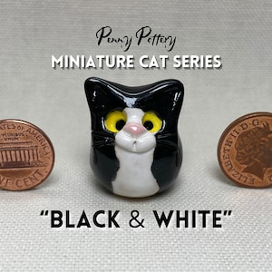 Miniature Ceramic Black & White Cats. Cute furry characters sold individually. Handmade by collected UK artist Penny Howarth Penny choose for me!