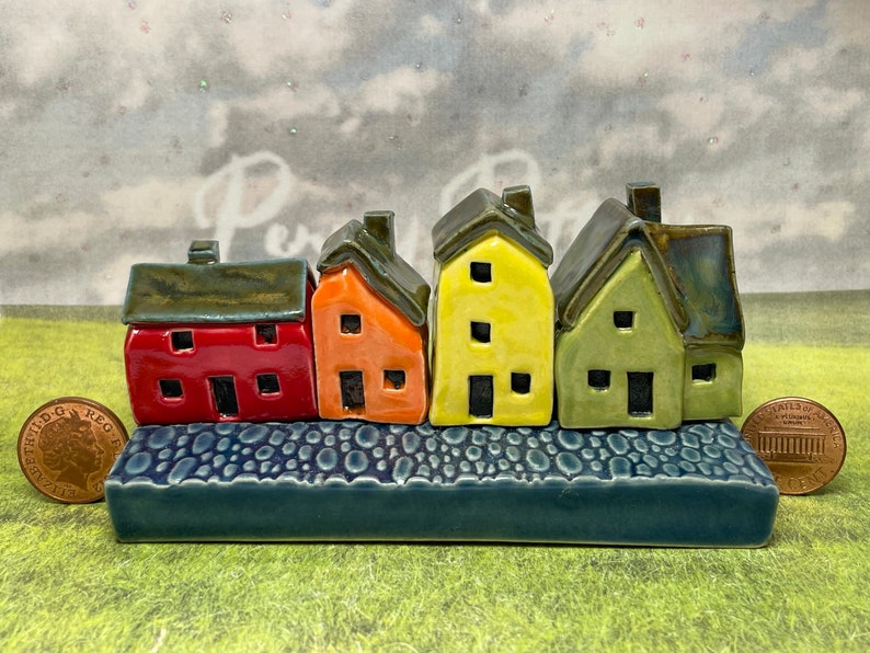 Miniature Ceramic Rainbow Row 4 House Cobblestone Street. Designer Artwork by Penny Howarth. Limited Edition Collectable Pottery Homes image 1