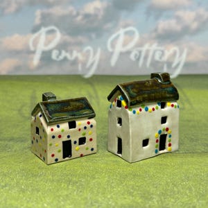 Miniature Ceramic Spot & Fairy Light Lit Houses - Limited Edition Cute Collectables. Delightful Handmade Design by UK Artist Penny Howarth