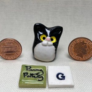 Miniature Ceramic Black & White Cats. Cute furry characters sold individually. Handmade by collected UK artist Penny Howarth G