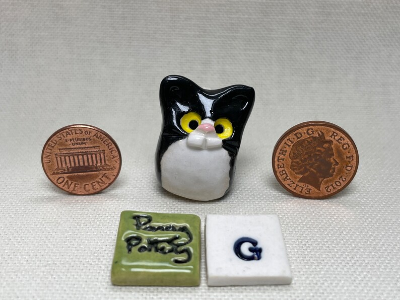 Miniature Ceramic Black & White Cats. Cute furry characters sold individually. Handmade by collected UK artist Penny Howarth G