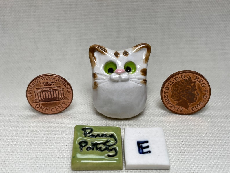 Miniature Ceramic Brown & White Cats. Cute fur baby characters sold individually. Handmade by collected UK artist Penny Howarth E