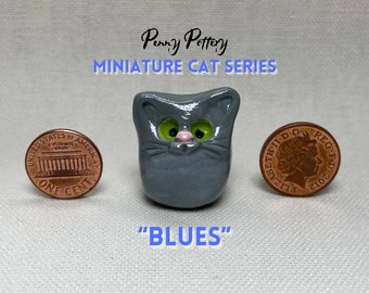 Miniature Ceramic Blue Grey Cats. Cute fur baby characters sold individually. Handmade by collected UK artist Penny Howarth