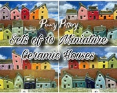 Sets of 10 Miniature Ceramic Houses + 1 Shed / Kennel. Stunning Rainbow Collections. Sweet Little Pottery Homes. Bespoke & Handmade by Penny