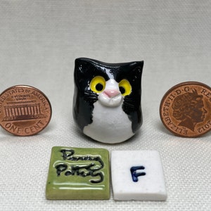 Miniature Ceramic Black & White Cats. Cute furry characters sold individually. Handmade by collected UK artist Penny Howarth F