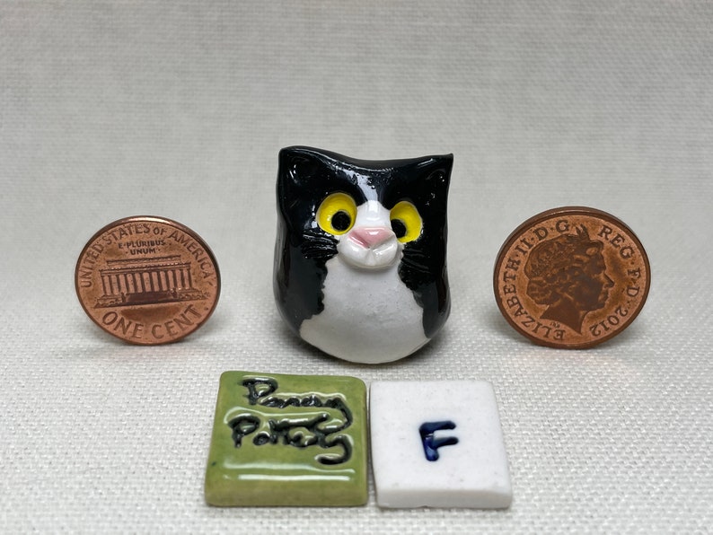 Miniature Ceramic Black & White Cats. Cute furry characters sold individually. Handmade by collected UK artist Penny Howarth F