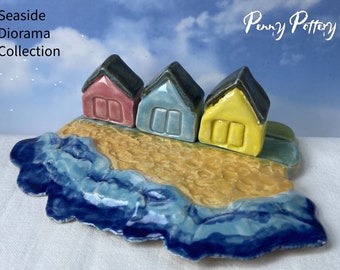 Ceramic Seaside Diorama & 3 Miniature Pottery Beach Hut Houses - Blue, Pink, Yellow - Unique Handmade by a UK Artist.
