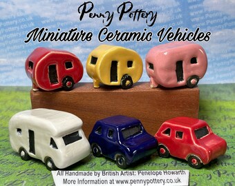 Miniature Ceramic Campervans (RV), Cars & Caravan (Trailer) - Various Colours - Handmade by Penny