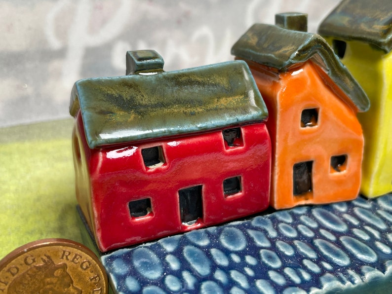 Miniature Ceramic Rainbow Row 4 House Cobblestone Street. Designer Artwork by Penny Howarth. Limited Edition Collectable Pottery Homes image 4