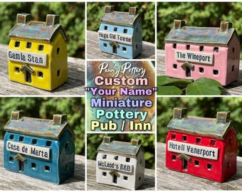 Custom “Your Name” Miniature Ceramic Olde British Pub / Inn / Bar / Shop. Small Med Large Sizes. Unique Bespoke & Handmade to order by Penny