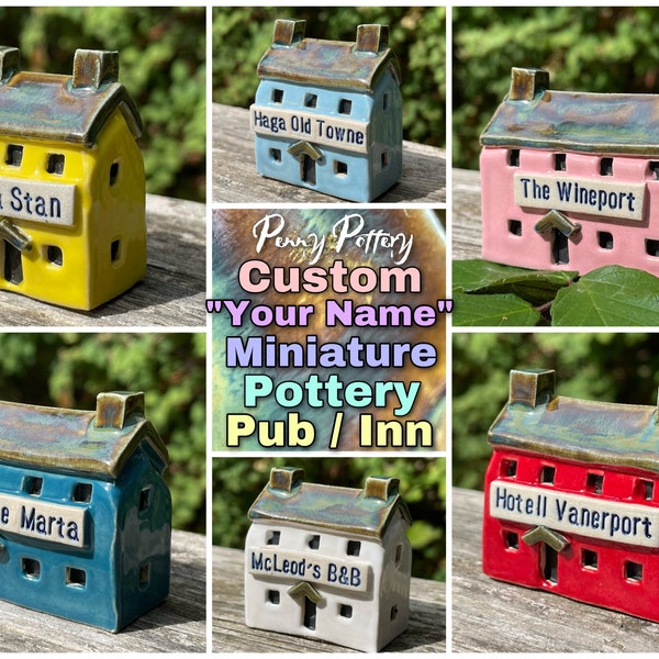 Custom “Your Name” Miniature Ceramic Olde British Pub / Inn / Bar / Shop. Small Med Large Sizes. Unique Bespoke & Handmade to order by Penny