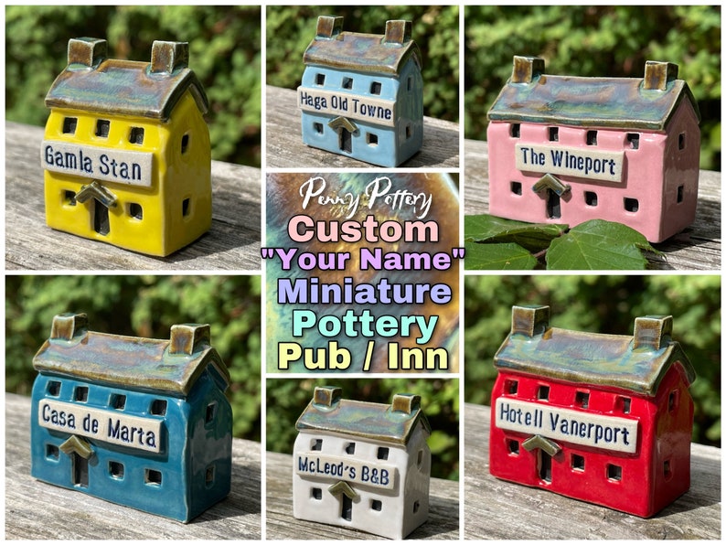 Miniatyr keramik med "Ditt namn"-motiv, gammal brittisk pub / värdshus / bar / butik. Liten, medelstor, stor storlek. Unik, skräddarsydd och handgjord på beställning av Penny. bild 1