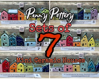 Sets of 7 Miniature Ceramic Houses + 1 Shed /Kennel. Highly collectable sets of Cute Tiny Pottery Homes. Bespoke, created by UK Artist Penny