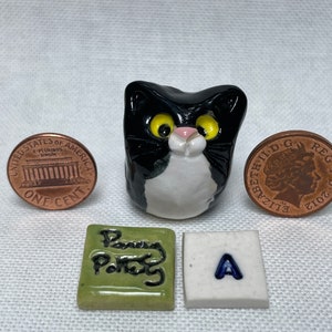 Miniature Ceramic Black & White Cats. Cute furry characters sold individually. Handmade by collected UK artist Penny Howarth A