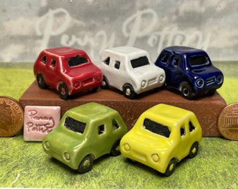 Miniature Ceramic Cars - Various Colour Glazed Stoneware Clay White, Red, Blue, Green & Yellow - Handmade by Penny