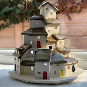 Mediterranean Village &quot;Vernazza&quot;. Hand-built PennyPottery original. Internally lit. Unique One Off Hand-crafted Ceramic Artwork by Penny.