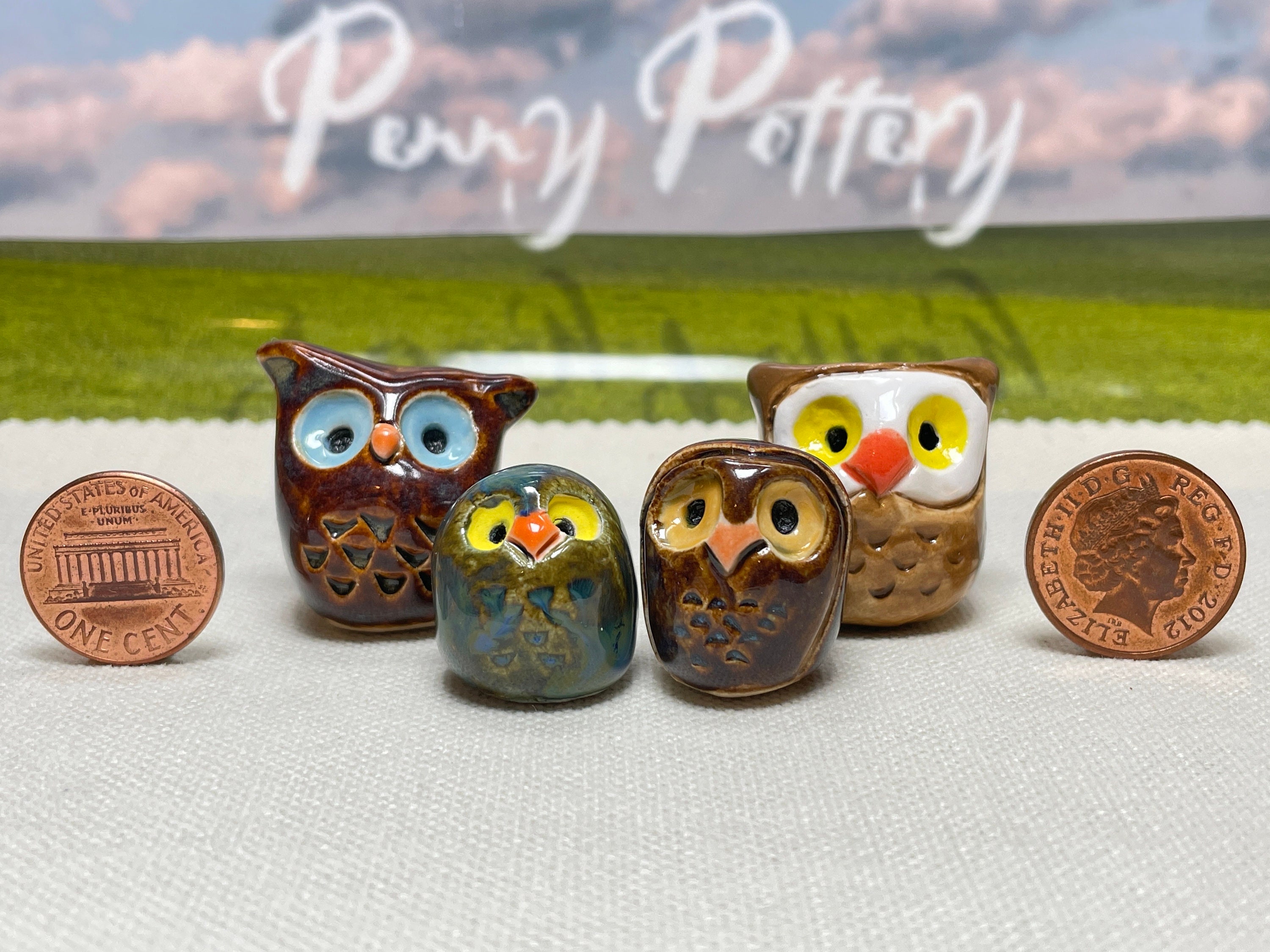 Miniature Ceramic Owl Family. Sets of 4 bird characters. Handmade by collected UK artist Penny Howar