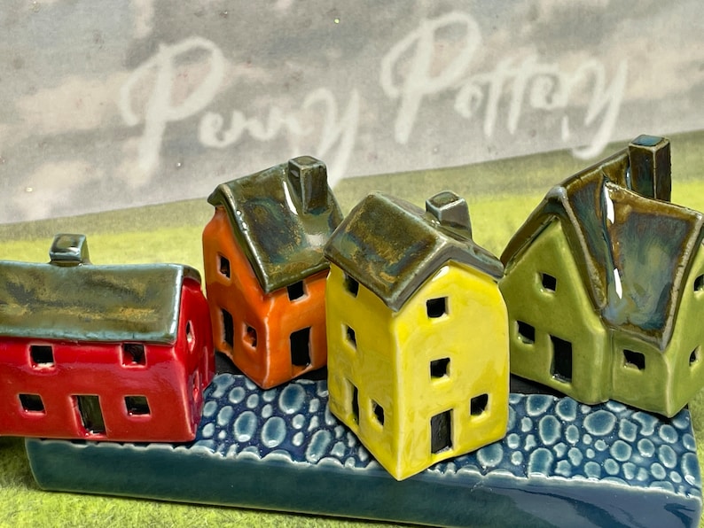 Miniature Ceramic Rainbow Row 4 House Cobblestone Street. Designer Artwork by Penny Howarth. Limited Edition Collectable Pottery Homes image 6