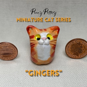 Miniature Ceramic Ginger Cats. Cute feline characters sold individually. Handmade by collected UK artist Penny Howarth