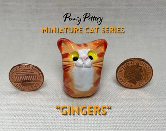 Miniature Ceramic Ginger Cats. Cute feline characters sold individually. Handmade by collected UK artist Penny Howarth