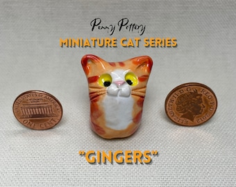 Miniature Ceramic Ginger Cats. Cute feline characters sold individually. Handmade by collected UK artist Penny Howarth