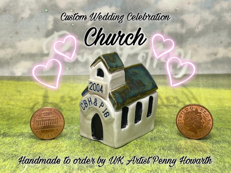 Custom Your Name Miniature Ceramic Church / Chapel / Parish. Wedding or Anniversary Gift, Favour, Table Decoration. Bespoke & Handmade. image 1