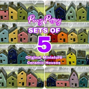 Sets of 5 Miniature Ceramic Houses & 1 Shed / Kennel. Stunning Collections of Sweet Little Pottery Homes. Bespoke and Handmade by Penny