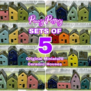 Lot de 5 maisons miniatures en céramique et 1 remise/chenil. Superbes collections de petites maisons de poterie douces. Sur mesure et fait main par Penny Penny choose for me!