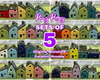 Sets of 5 Miniature Ceramic Houses & 1 Shed / Kennel. Stunning Collections of Sweet Little Pottery Homes. Bespoke and Handmade by Penny